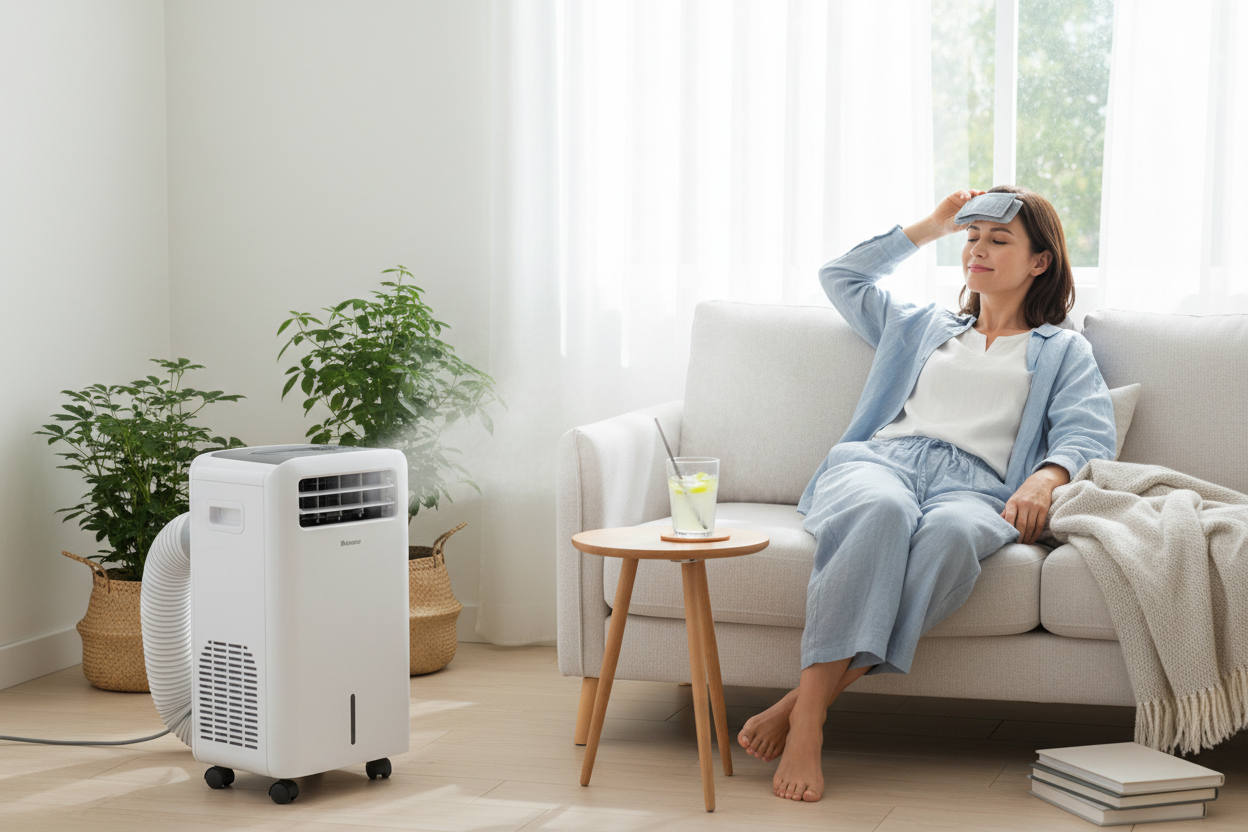 Personne se rafraîchissant avec un climatiseur mobile
